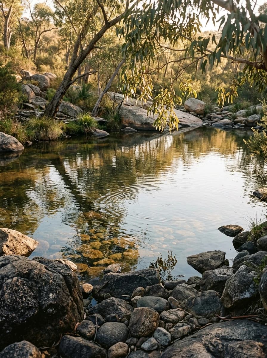 Natural swimming hole over granite with gums leaning across the water at EMX Riders